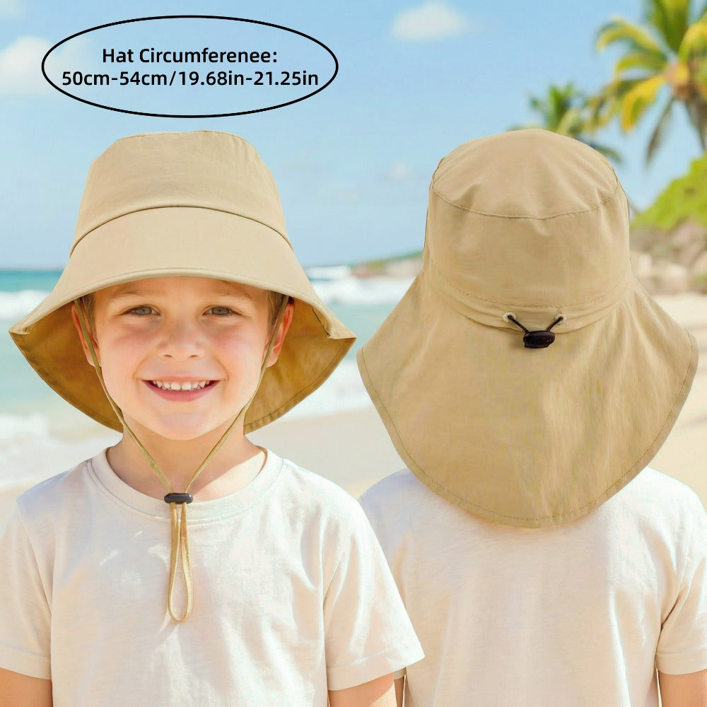 Outdoor Sun Hat - Suitable for Kids Aged 3-8, a Fisherman'S Hat with a Windproof Strap, Adjustable Closure with a Drawstring, Featuring a Ponytail Hole for Girls with Ponytails, Made of Nylon, Perfect for Various Occasions Like Camping