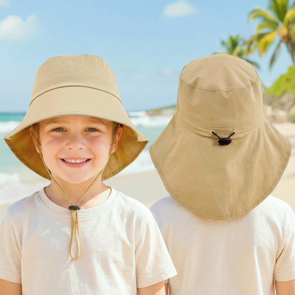 Outdoor Sun Hat - Suitable for Kids Aged 3-8, a Fisherman'S Hat with a Windproof Strap, Adjustable Closure with a Drawstring, Featuring a Ponytail Hole for Girls with Ponytails, Made of Nylon, Perfect for Various Occasions Like Camping