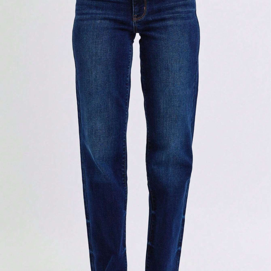 Judy-B Women's Casual Jeans Essential High-Rise Straight-Leg Denim Pants Dark Wash with Raw Hem Detailing Stretch Cotton Fabric Classic Five-Pocket Design Button and Zipper Closure Perfect For All-Seasons Everyday Wear