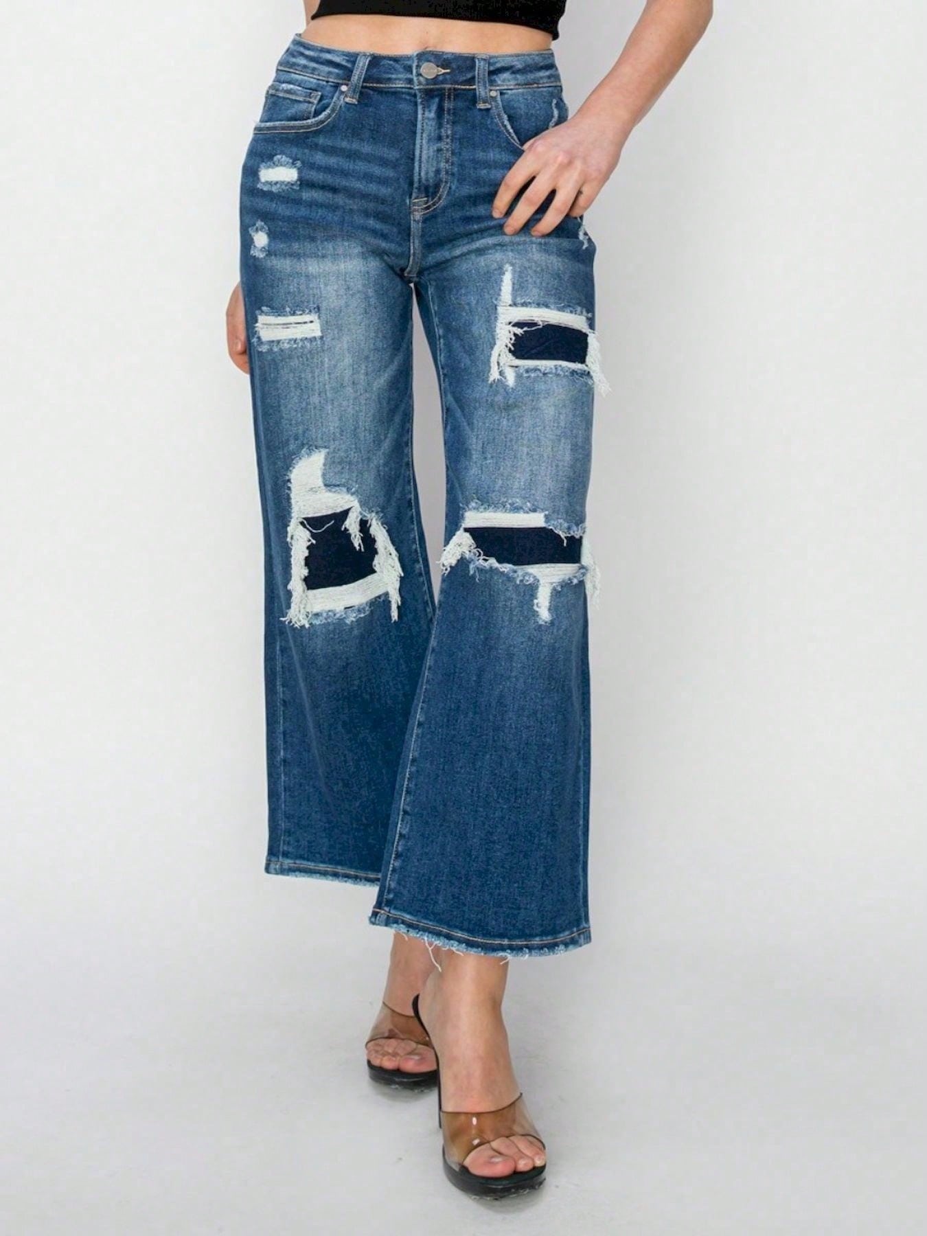 Women's Casual Crop Jeans High-Waisted Patch Detailed Wide Leg Denim Pants Washed Dark Blue Denim Ripped Details Cropped Length Button And Zipper Closure Casual Fit For Stylish Look