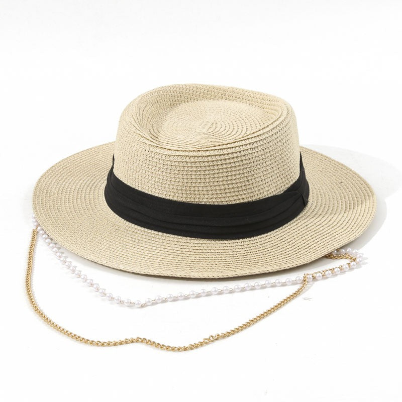 European and American Ring Concave Top Chain Three-fold Belt Extra Fine Straw Weaving Japanese and Korean Sunshade Simple Straw Hat Beach Hat