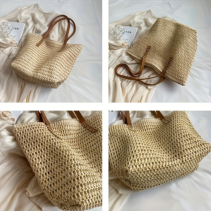 2pcs Travel Tote Bag and Straw Hat - Fashionable Straw Beach Bag Set, Travel Shoulder Bag Paired with Beach Hat, Camping Tote Bag, Zipper Closure and Lining, Suitable for Beach, Shopping, Camping and Daily Use, Beach Tote Bag Set
