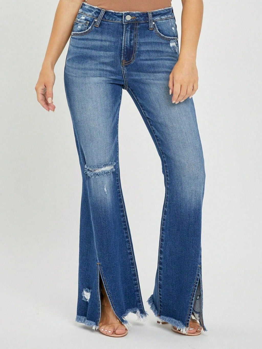 Women's Casual Jeans Laid-Back High-Waisted Front Slit Frayed Hem Flare Denim Pants Distressed Hem Stretch Denim Retro Style For Everyday Wear