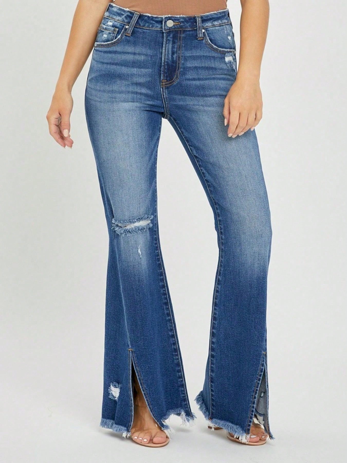Women's Casual Jeans Laid-Back High-Waisted Front Slit Frayed Hem Flare Denim Pants Distressed Hem Stretch Denim Retro Style For Everyday Wear