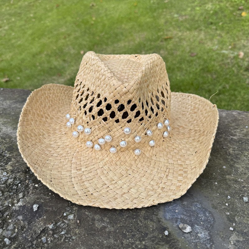 Pearl Studded Raffia Sun Hat Handmade Western Express Ins Beach Straw Hat Beach Hat