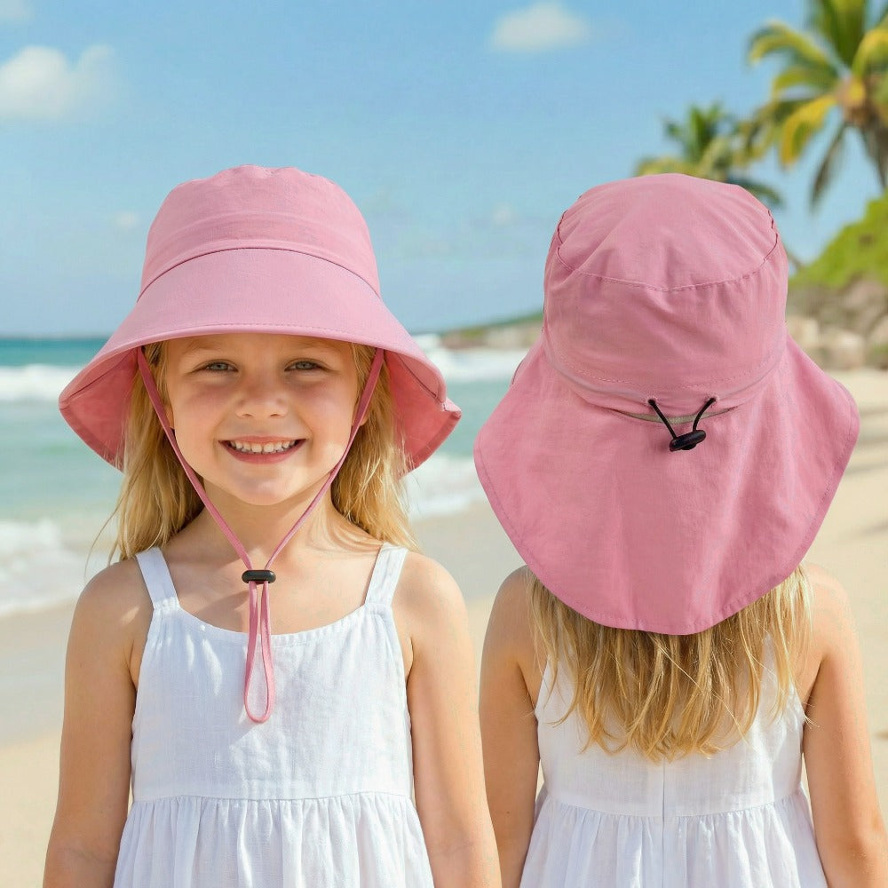Outdoor Sun Hat - Suitable for Kids Aged 3-8, a Fisherman'S Hat with a Windproof Strap, Adjustable Closure with a Drawstring, Featuring a Ponytail Hole for Girls with Ponytails, Made of Nylon, Perfect for Various Occasions Like Camping