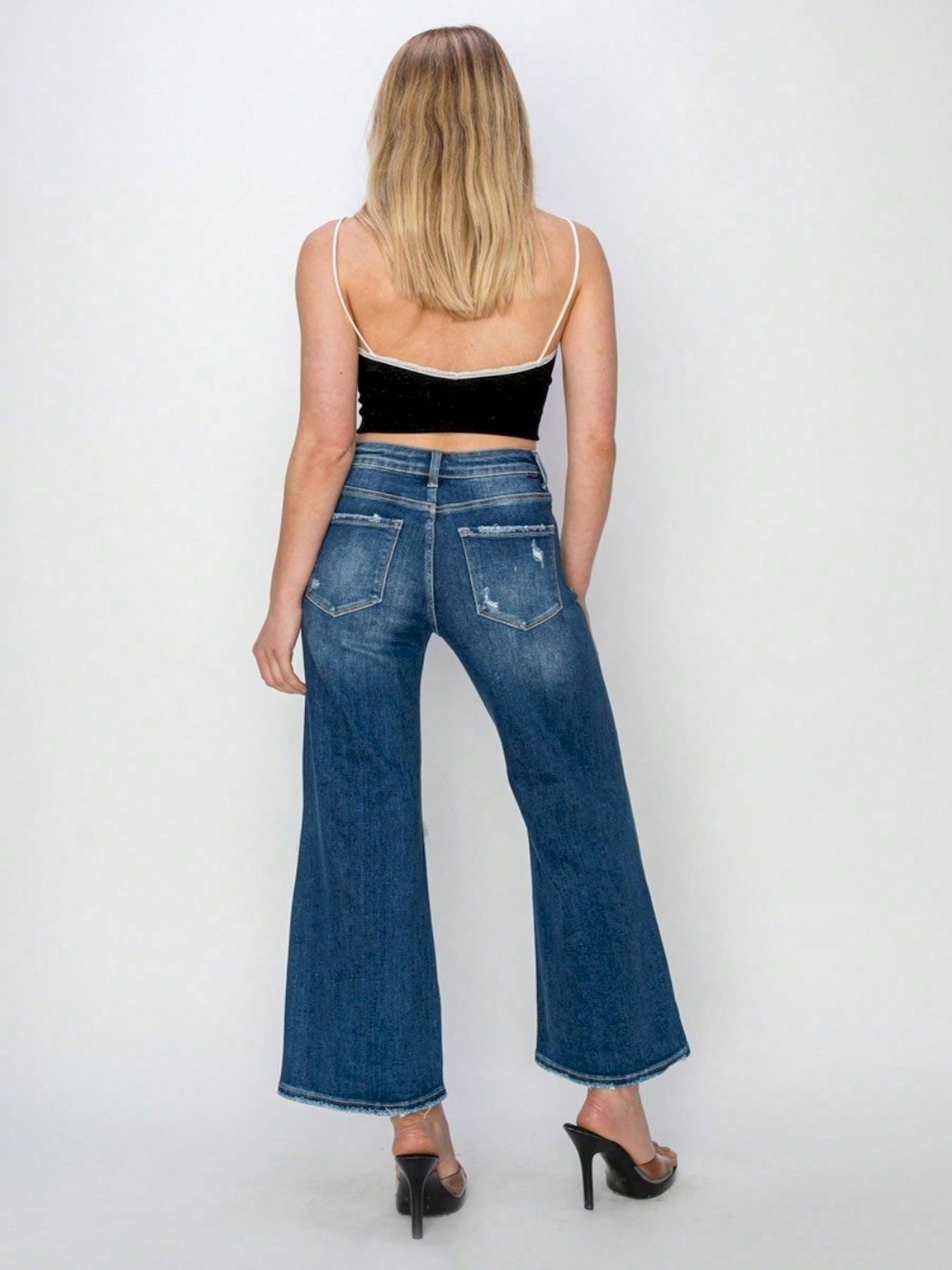 Women's Casual Crop Jeans High-Waisted Patch Detailed Wide Leg Denim Pants Washed Dark Blue Denim Ripped Details Cropped Length Button And Zipper Closure Casual Fit For Stylish Look