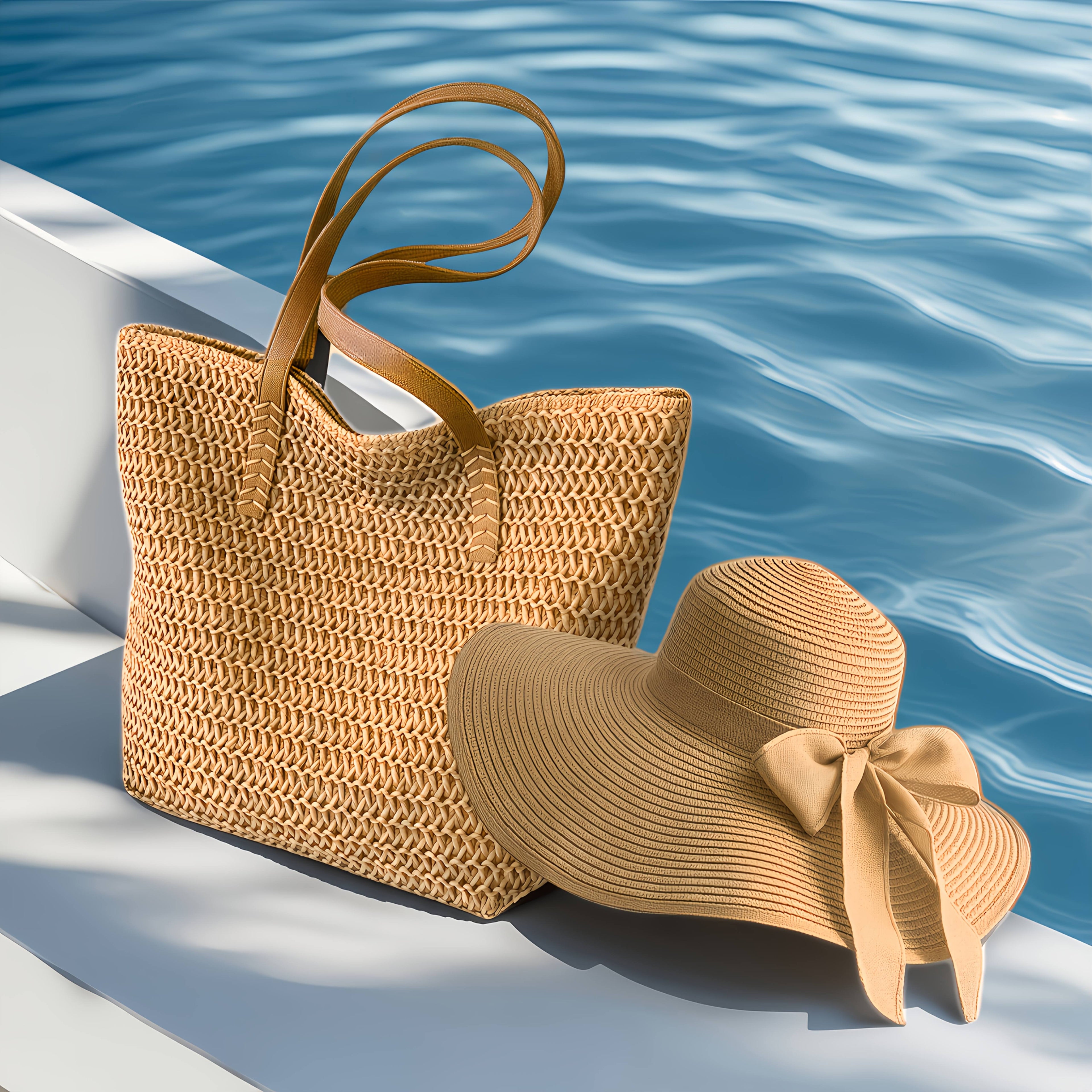 2pcs Travel Tote Bag and Straw Hat - Fashionable Straw Beach Bag Set, Travel Shoulder Bag Paired with Beach Hat, Camping Tote Bag, Zipper Closure and Lining, Suitable for Beach, Shopping, Camping and Daily Use, Beach Tote Bag Set