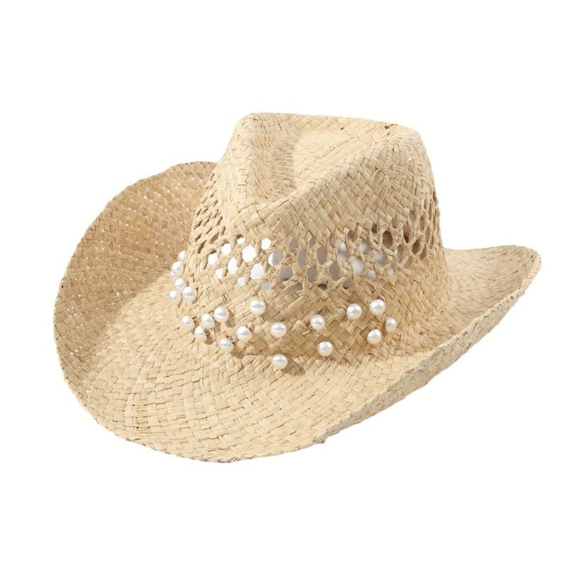 Pearl Studded Raffia Sun Hat Handmade Western Express Ins Beach Straw Hat Beach Hat
