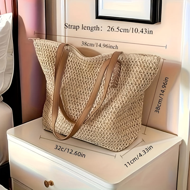 2pcs Travel Tote Bag and Straw Hat - Fashionable Straw Beach Bag Set, Travel Shoulder Bag Paired with Beach Hat, Camping Tote Bag, Zipper Closure and Lining, Suitable for Beach, Shopping, Camping and Daily Use, Beach Tote Bag Set