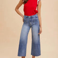 Womens Casual Wide Leg Chic Vintage Wash Raw Hem Cropped Jeans High Waisted Denim Pants Classic Straight Cut Light Blue Distressed Summer Street Style Daily Wear Relaxed Fit Ankle Length