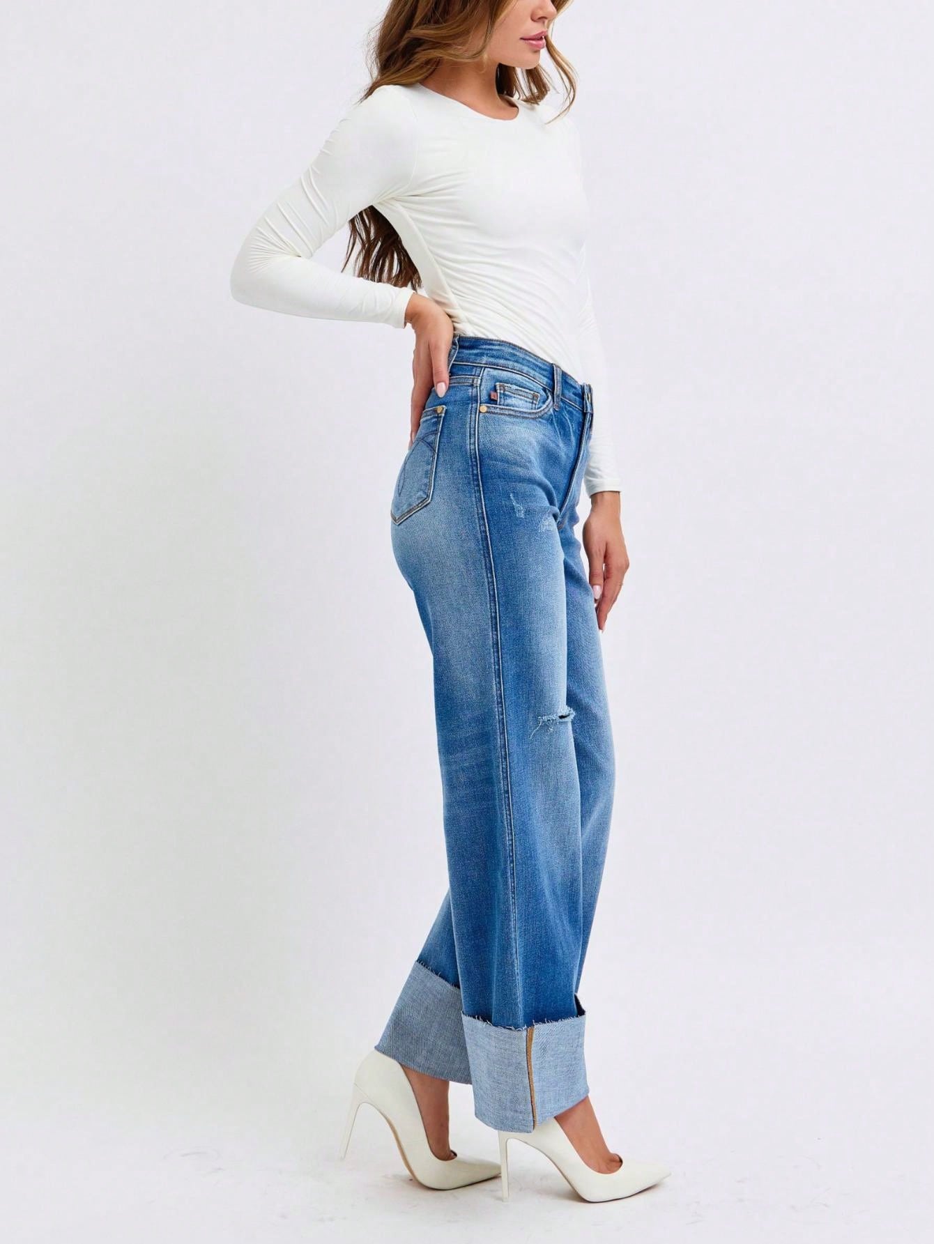 Judy-B Women's Casual Wide-Leg Jeans Fashion High-Waisted Distressed Denim Pants with Cuffed Hem Relaxed Fit Button and Zip Closure Perfect for All Seasons Daily Outfits