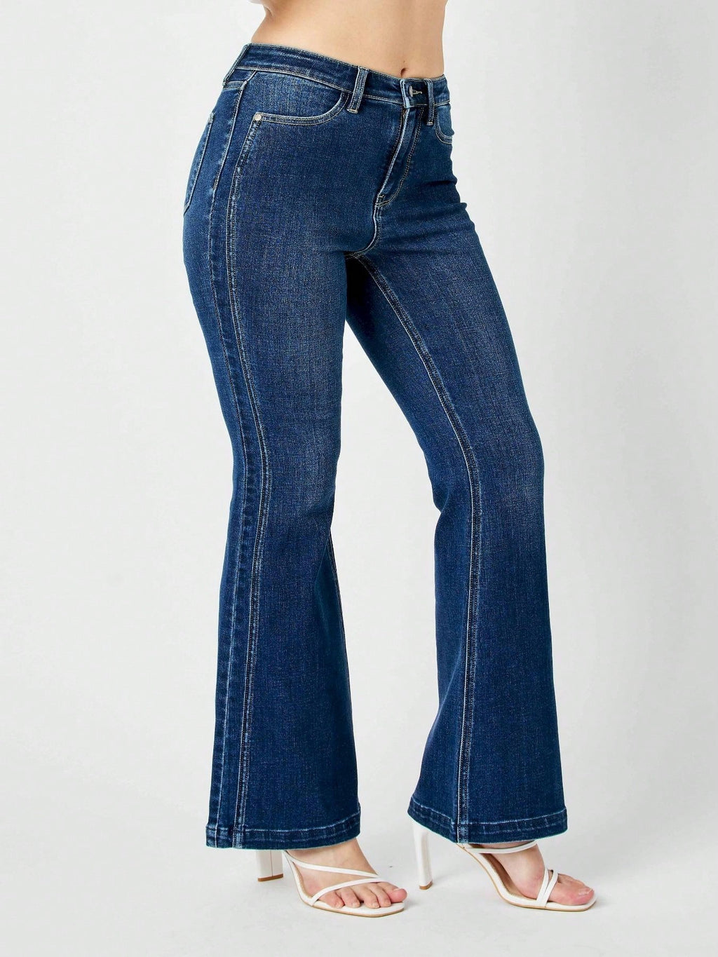 Womens Casual Flared Jeans Classic Retro High Rise Bell Bottom Denim Pants Vintage Inspired Wide Leg Design Dark Blue Wash Regular Fit Stretch Comfort All Season Fashion Statement Trousers
