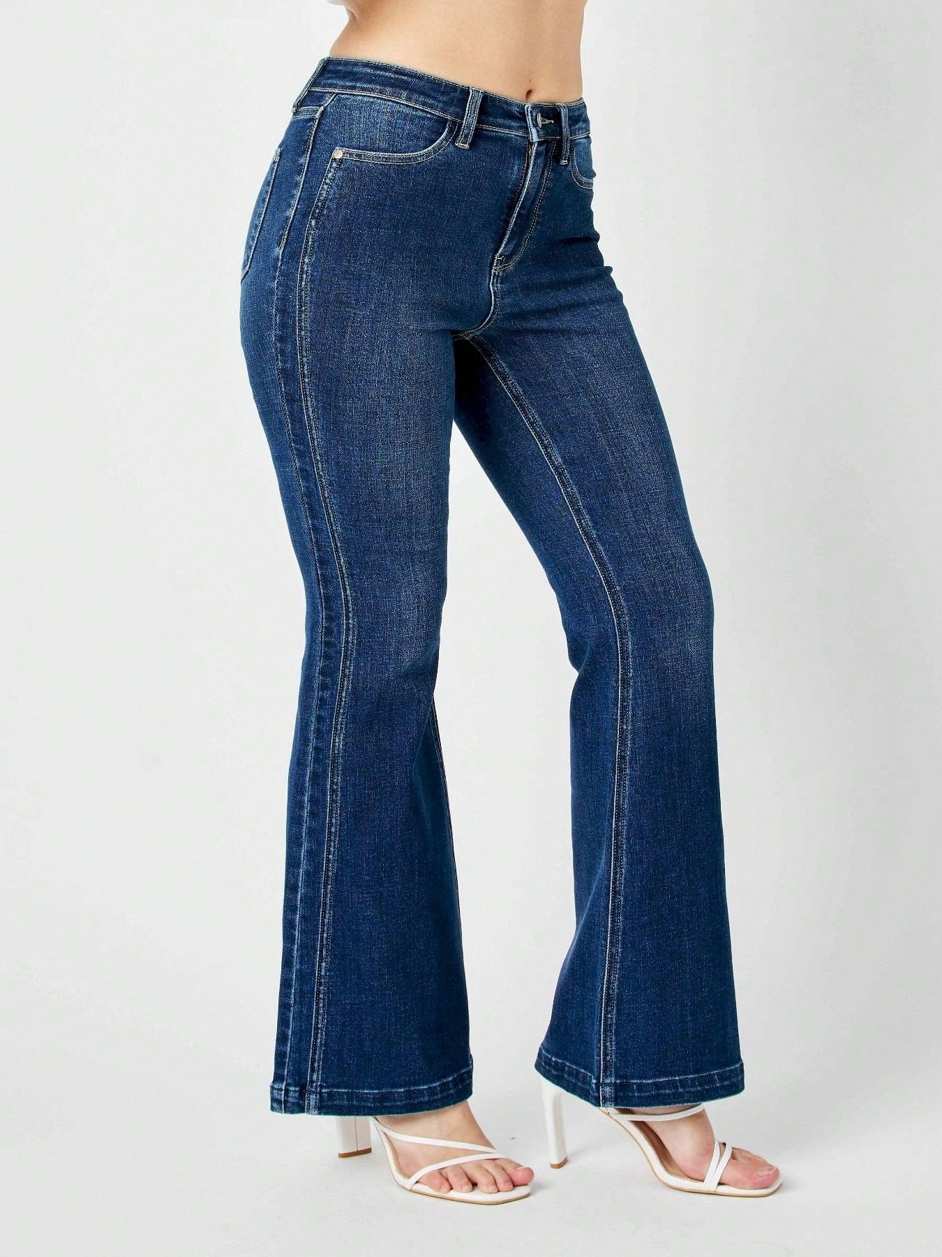 Womens Casual Flared Jeans Classic Retro High Rise Bell Bottom Denim Pants Vintage Inspired Wide Leg Design Dark Blue Wash Regular Fit Stretch Comfort All Season Fashion Statement Trousers