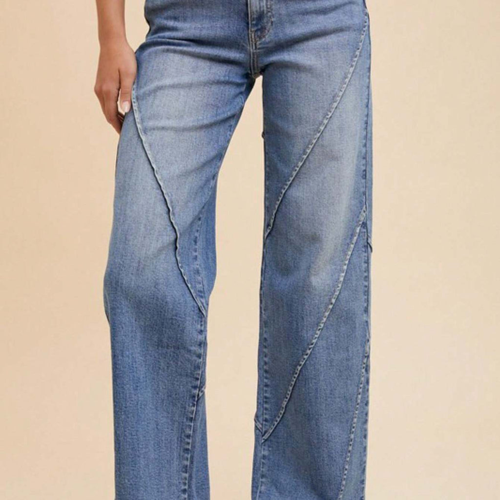 Womens Casual Denim Chic Diagonal Seam Design Wide Leg Jeans Light Blue High Waisted Retro Style Flared Bottom Pants with Vintage Wash Perfect for Daily Wear Street Style Fashion All Season Statement Bottoms