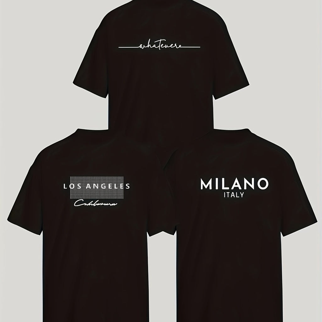 3pcs Stylish T-shirt Set with Los & Milan Art Monogram Print - Relaxed, Breathable Polyester Blend, Machine Washable - Perfect for Summer