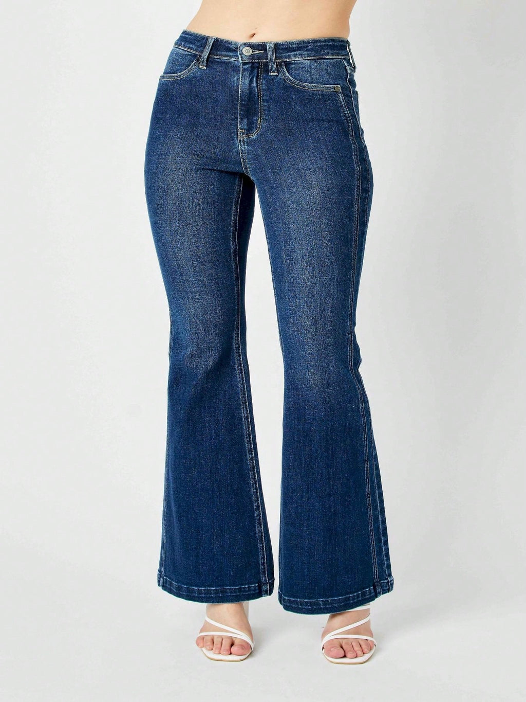 Womens Casual Flared Jeans Classic Retro High Rise Bell Bottom Denim Pants Vintage Inspired Wide Leg Design Dark Blue Wash Regular Fit Stretch Comfort All Season Fashion Statement Trousers