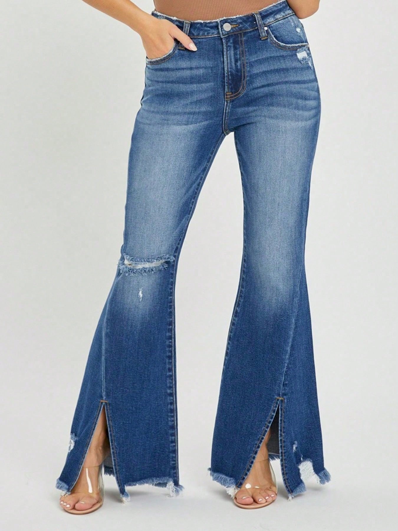 Women's Casual Jeans Laid-Back High-Waisted Front Slit Frayed Hem Flare Denim Pants Distressed Hem Stretch Denim Retro Style For Everyday Wear