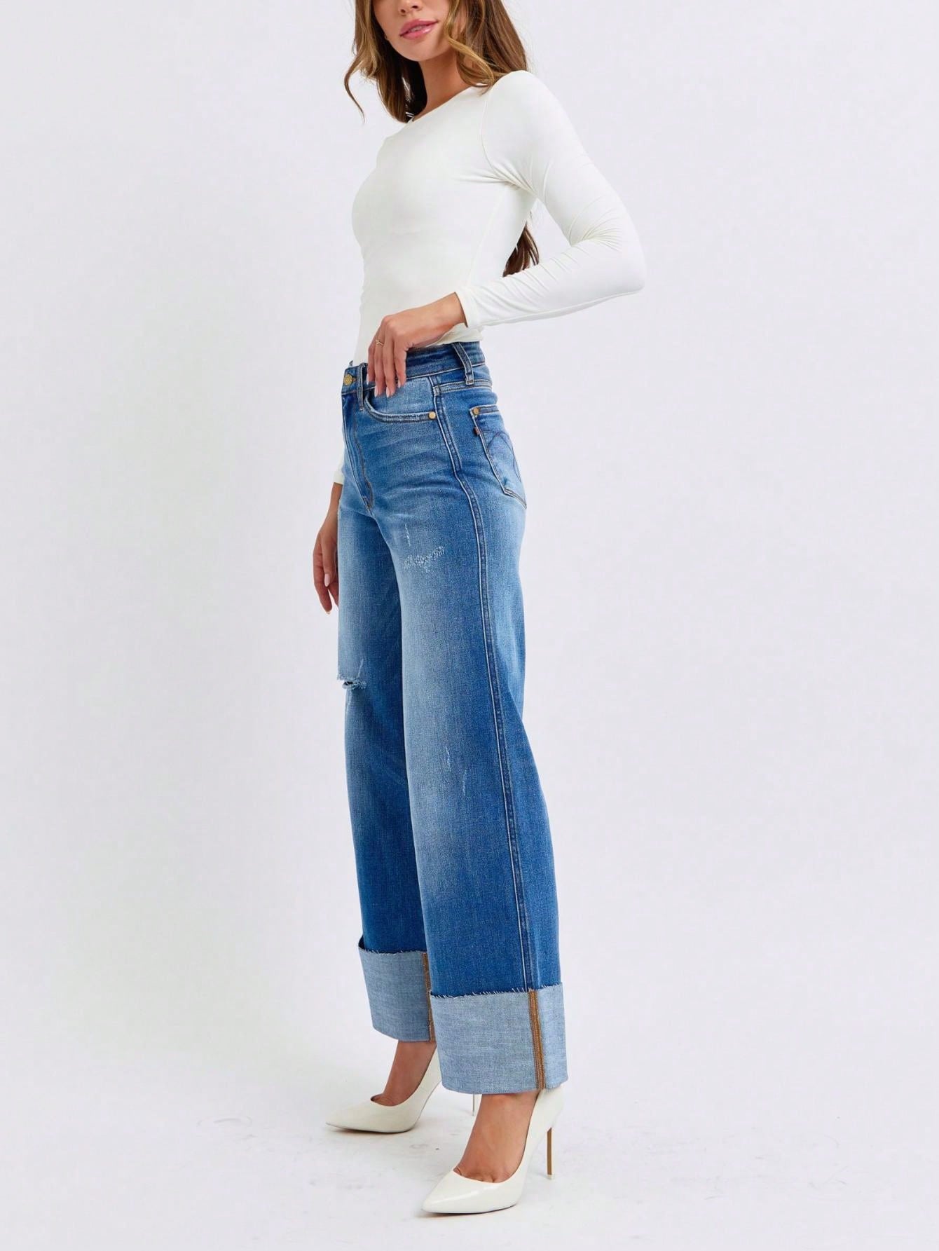 Judy-B Women's Casual Wide-Leg Jeans Fashion High-Waisted Distressed Denim Pants with Cuffed Hem Relaxed Fit Button and Zip Closure Perfect for All Seasons Daily Outfits
