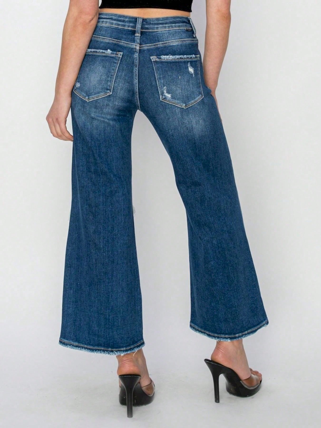 Women's Casual Crop Jeans High-Waisted Patch Detailed Wide Leg Denim Pants Washed Dark Blue Denim Ripped Details Cropped Length Button And Zipper Closure Casual Fit For Stylish Look