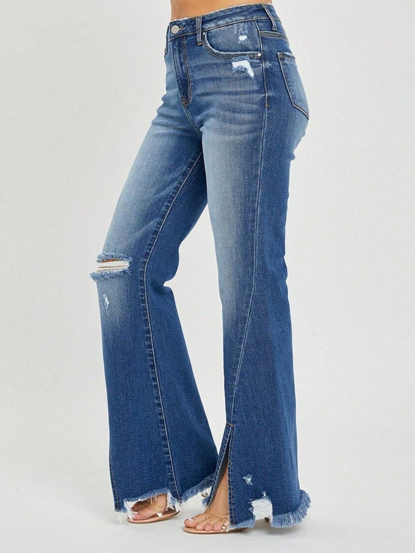 Women's Casual Jeans Laid-Back High-Waisted Front Slit Frayed Hem Flare Denim Pants Distressed Hem Stretch Denim Retro Style For Everyday Wear