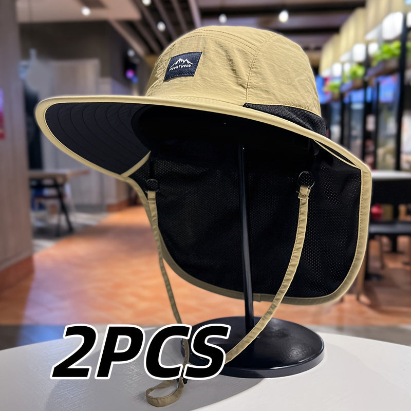 2pcs And Summer Simple Tooling Wind Sunshade Fisherman Hat, Retro Outdoor Fishing Hiking Rope Sunshade Hat