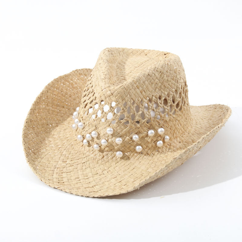 Pearl Studded Raffia Sun Hat Handmade Western Express Ins Beach Straw Hat Beach Hat
