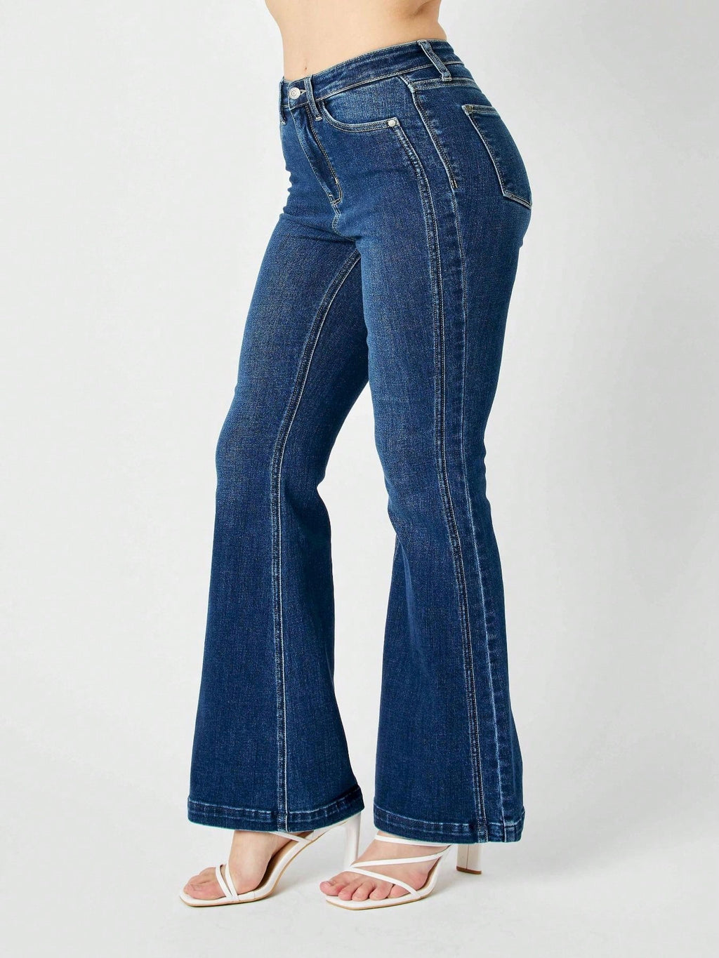 Womens Casual Flared Jeans Classic Retro High Rise Bell Bottom Denim Pants Vintage Inspired Wide Leg Design Dark Blue Wash Regular Fit Stretch Comfort All Season Fashion Statement Trousers
