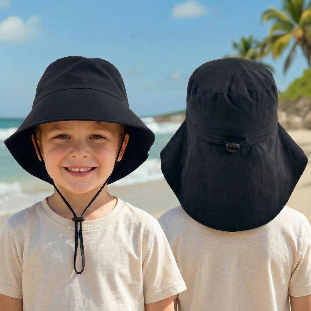 Outdoor Sun Hat - Suitable for Kids Aged 3-8, a Fisherman'S Hat with a Windproof Strap, Adjustable Closure with a Drawstring, Featuring a Ponytail Hole for Girls with Ponytails, Made of Nylon, Perfect for Various Occasions Like Camping