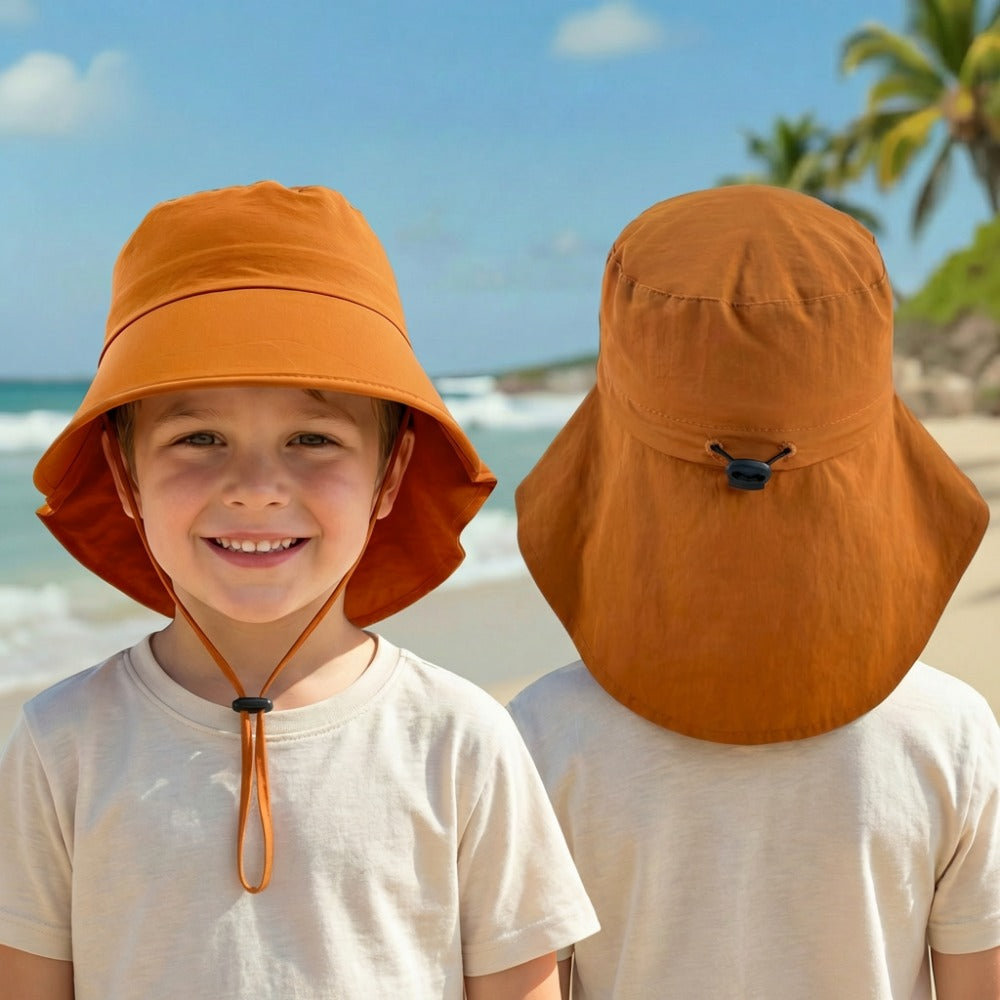 Outdoor Sun Hat - Suitable for Kids Aged 3-8, a Fisherman'S Hat with a Windproof Strap, Adjustable Closure with a Drawstring, Featuring a Ponytail Hole for Girls with Ponytails, Made of Nylon, Perfect for Various Occasions Like Camping