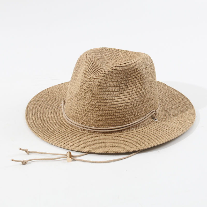 European and American Ring Concave Top Chain Three-fold Belt Extra Fine Straw Weaving Japanese and Korean Sunshade Simple Straw Hat Beach Hat