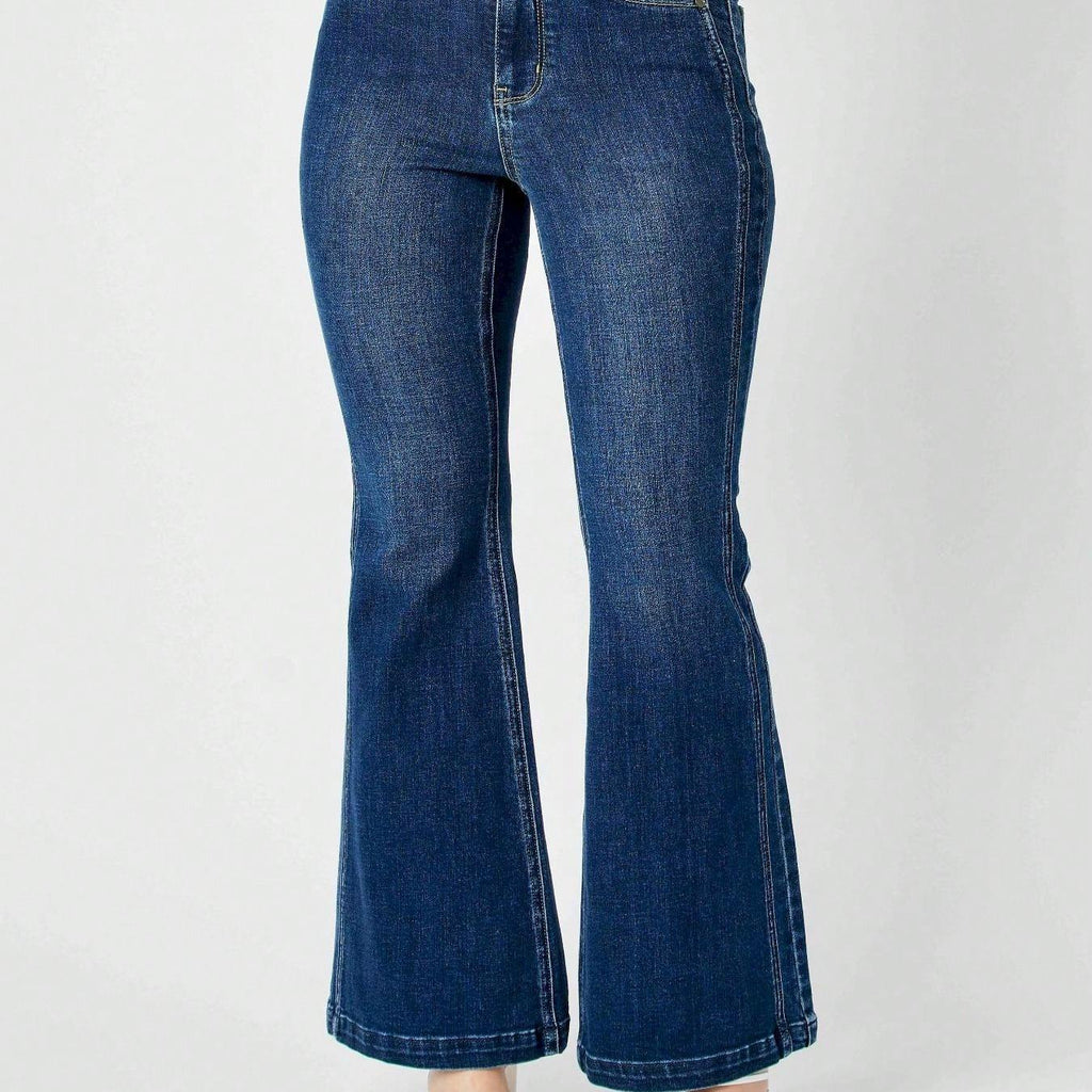 Womens Casual Flared Jeans Classic Retro High Rise Bell Bottom Denim Pants Vintage Inspired Wide Leg Design Dark Blue Wash Regular Fit Stretch Comfort All Season Fashion Statement Trousers