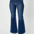 Womens Casual Flared Jeans Classic Retro High Rise Bell Bottom Denim Pants Vintage Inspired Wide Leg Design Dark Blue Wash Regular Fit Stretch Comfort All Season Fashion Statement Trousers