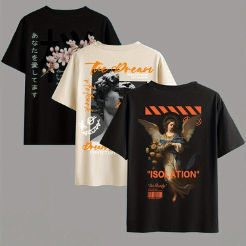 3pcs Men's Graphic T-Shirts - Artistic 'True Dream' Floral, Greek Statue & 'Isolation' Angel Design, Japanese Text, Soft Cotton Blend, Regular Fit Short Sleeve for Casual Summer Wear, Leisure Clothing | Modern Artistic Tee | Durable Print Quality