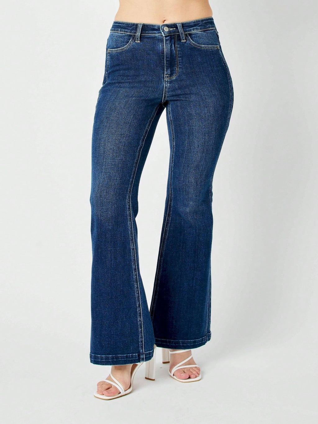 Womens Casual Flared Jeans Classic Retro High Rise Bell Bottom Denim Pants Vintage Inspired Wide Leg Design Dark Blue Wash Regular Fit Stretch Comfort All Season Fashion Statement Trousers