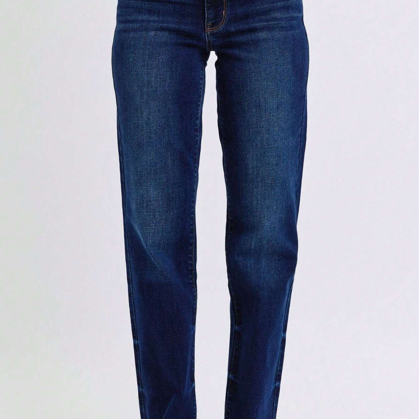 Judy-B Women's Casual Jeans Essential High-Rise Straight-Leg Denim Pants Dark Wash with Raw Hem Detailing Stretch Cotton Fabric Classic Five-Pocket Design Button and Zipper Closure Perfect For All-Seasons Everyday Wear