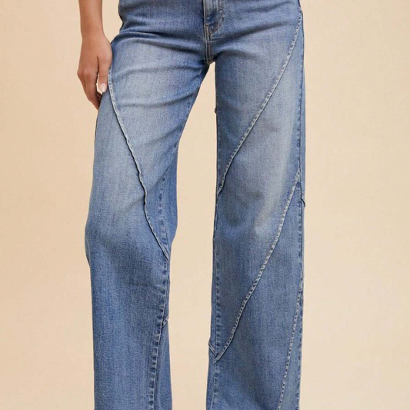 Womens Casual Denim Chic Diagonal Seam Design Wide Leg Jeans Light Blue High Waisted Retro Style Flared Bottom Pants with Vintage Wash Perfect for Daily Wear Street Style Fashion All Season Statement Bottoms