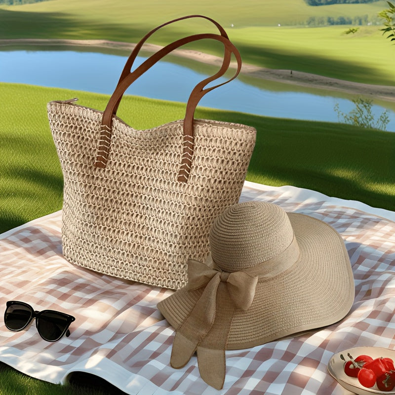 2pcs Travel Tote Bag and Straw Hat - Fashionable Straw Beach Bag Set, Travel Shoulder Bag Paired with Beach Hat, Camping Tote Bag, Zipper Closure and Lining, Suitable for Beach, Shopping, Camping and Daily Use, Beach Tote Bag Set