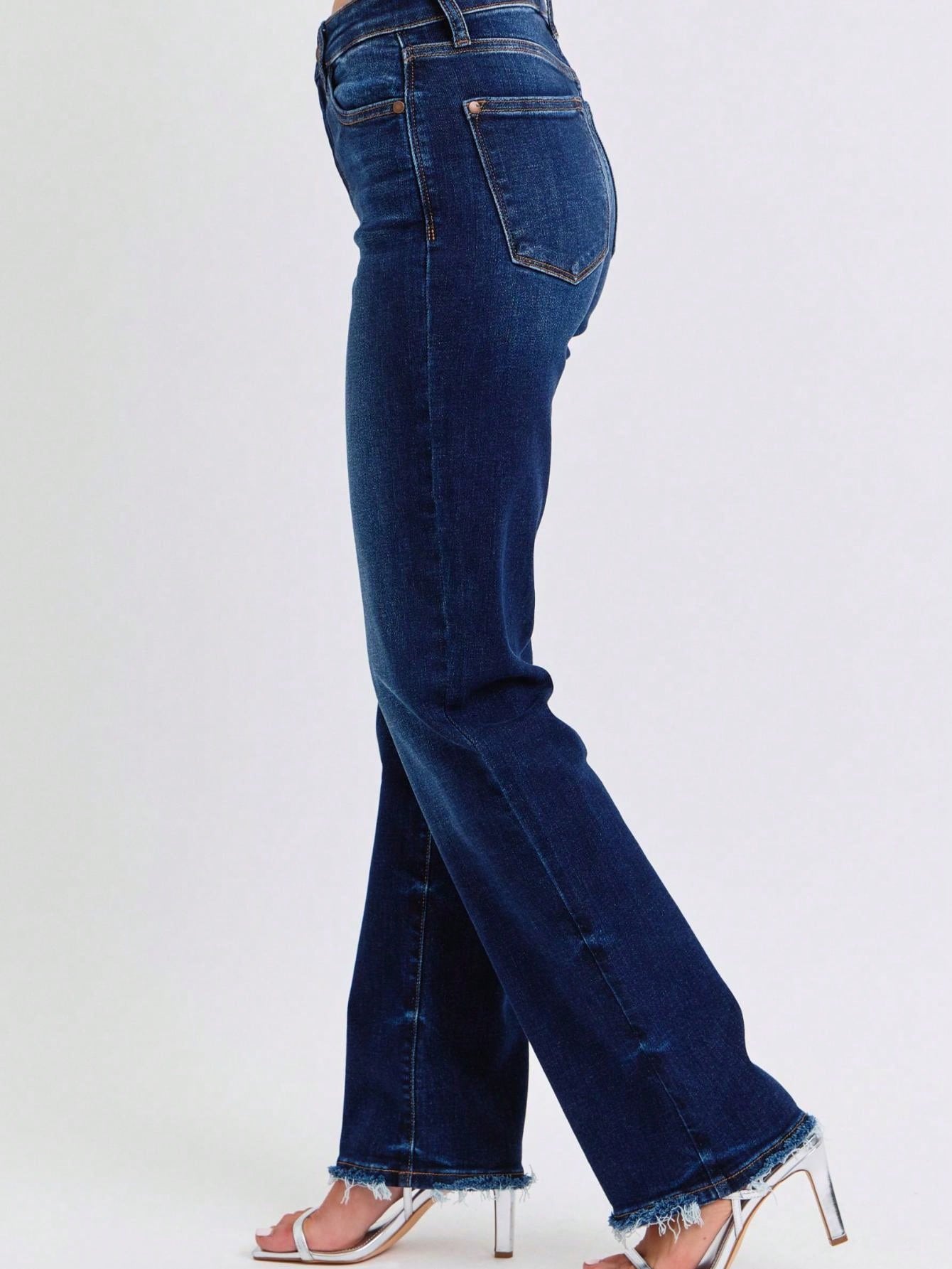 Judy-B Women's Casual Jeans Essential High-Rise Straight-Leg Denim Pants Dark Wash with Raw Hem Detailing Stretch Cotton Fabric Classic Five-Pocket Design Button and Zipper Closure Perfect For All-Seasons Everyday Wear