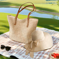 2pcs Travel Tote Bag and Straw Hat - Fashionable Straw Beach Bag Set, Travel Shoulder Bag Paired with Beach Hat, Camping Tote Bag, Zipper Closure and Lining, Suitable for Beach, Shopping, Camping and Daily Use, Beach Tote Bag Set