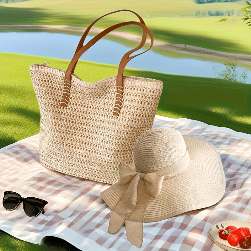 2pcs Travel Tote Bag and Straw Hat - Fashionable Straw Beach Bag Set, Travel Shoulder Bag Paired with Beach Hat, Camping Tote Bag, Zipper Closure and Lining, Suitable for Beach, Shopping, Camping and Daily Use, Beach Tote Bag Set