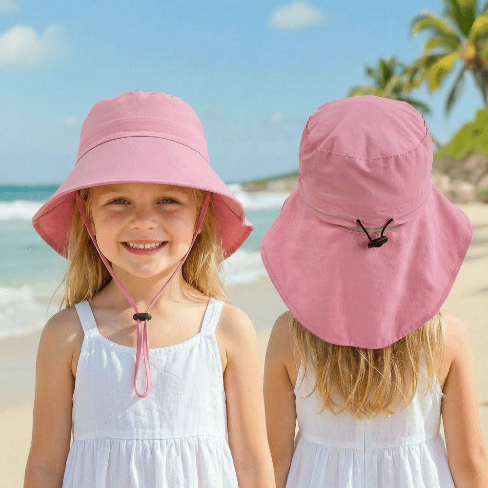 Outdoor Sun Hat - Suitable for Kids Aged 3-8, a Fisherman'S Hat with a Windproof Strap, Adjustable Closure with a Drawstring, Featuring a Ponytail Hole for Girls with Ponytails, Made of Nylon, Perfect for Various Occasions Like Camping