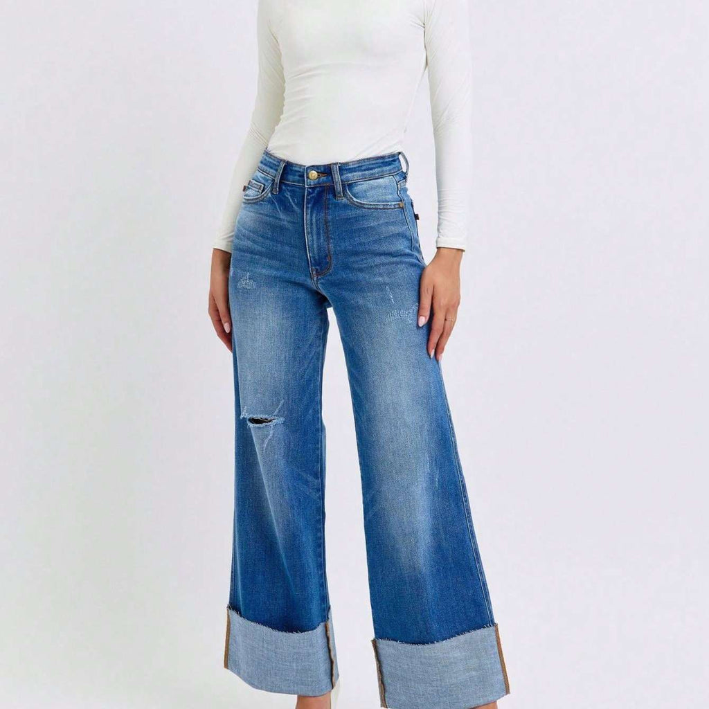 Judy-B Women's Casual Wide-Leg Jeans Fashion High-Waisted Distressed Denim Pants with Cuffed Hem Relaxed Fit Button and Zip Closure Perfect for All Seasons Daily Outfits