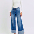 Judy-B Women's Casual Wide-Leg Jeans Fashion High-Waisted Distressed Denim Pants with Cuffed Hem Relaxed Fit Button and Zip Closure Perfect for All Seasons Daily Outfits