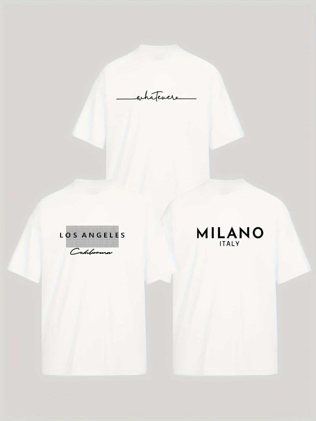 3pcs Stylish T-shirt Set with Los & Milan Art Monogram Print - Relaxed, Breathable Polyester Blend, Machine Washable - Perfect for Summer